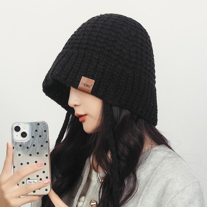 

Женская теплая вязаная шерстяная шапка FEWK с завязками для ушей — универсальный дизайн «Гриб» на осень/зиму One Size чёрный