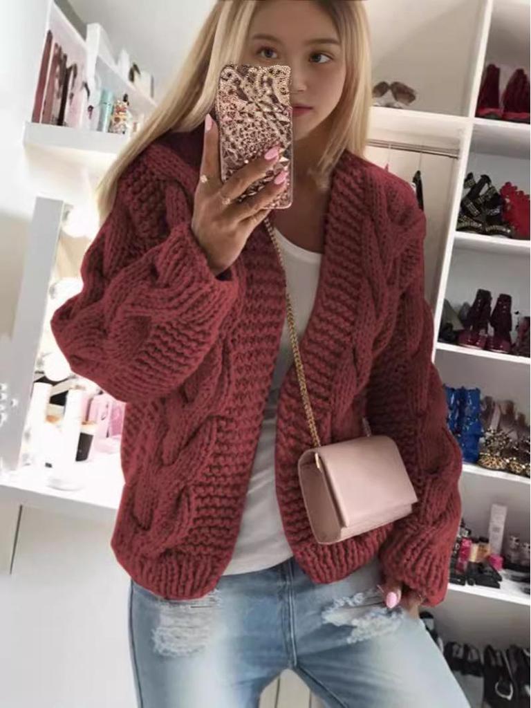 2023 Fall/Winter Cable Knit Cardigan: Chunky European & American Style Solid Sweater for Women