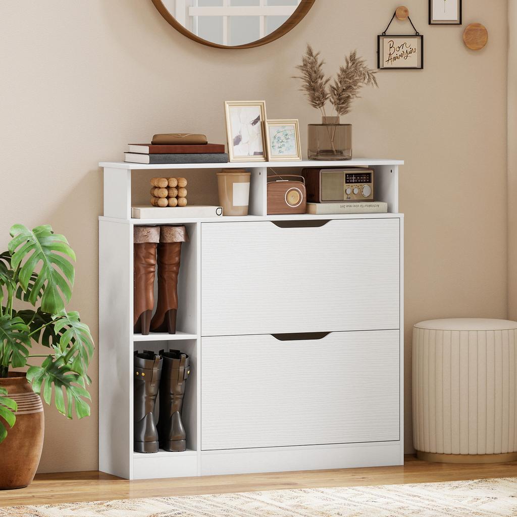 Shoe Cabinet with 2 Flaps Shoe Cabinet with Adjustable Divider, Open Compartment for 12 Pairs of Shoes 89 X 25 X 92 Cm White