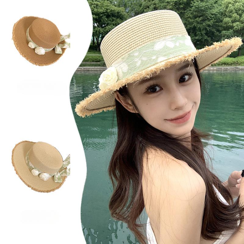 Summer Fresh Forest Lace Flower Sun Hat Women Flat Top Woven Straw Woven Hat Beach Vacation Beach Straw Hat