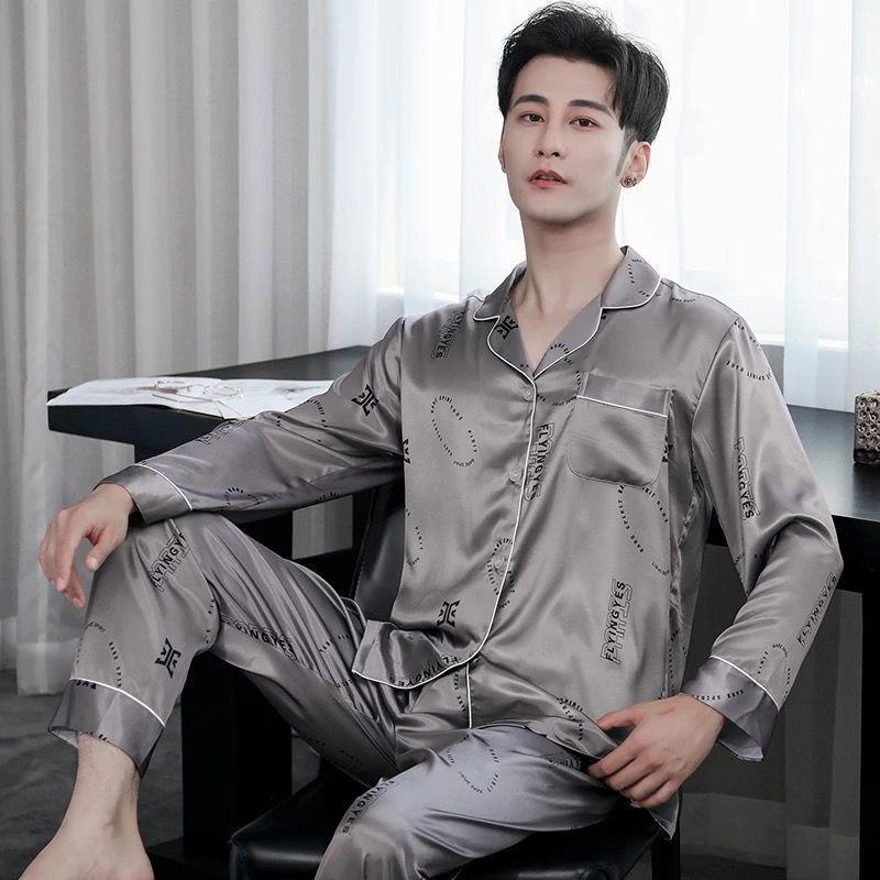 Men's Summer Ice Silk Pajama Set: Long Sleeve, Long Pants, Loose-Fit, Cooling Style.