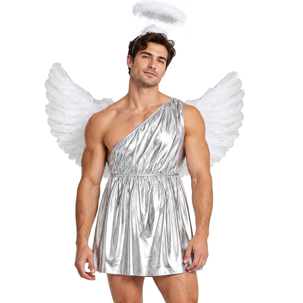 Costume Toga Greco Romano Mitologico da Uomo Tunica Metallizzata Monospalla con Ali e Copricapo per Festa Cosplay di Halloween