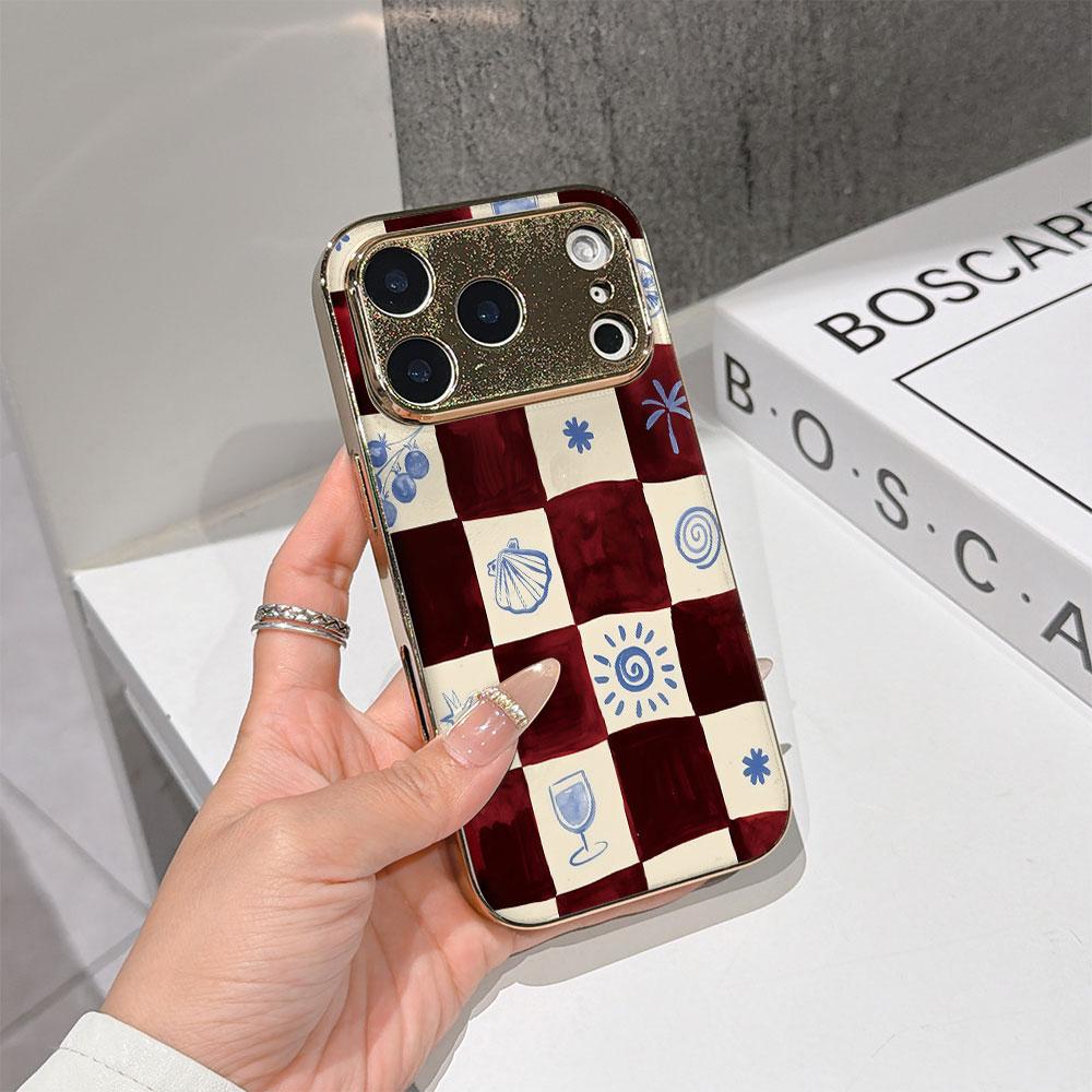 Lucky Start Phone Case For iPhone 17 16 15 14 13 12 11 Pro Max 16E Gold Electroplated Glass Shell Burgundy & Blue Check Cover