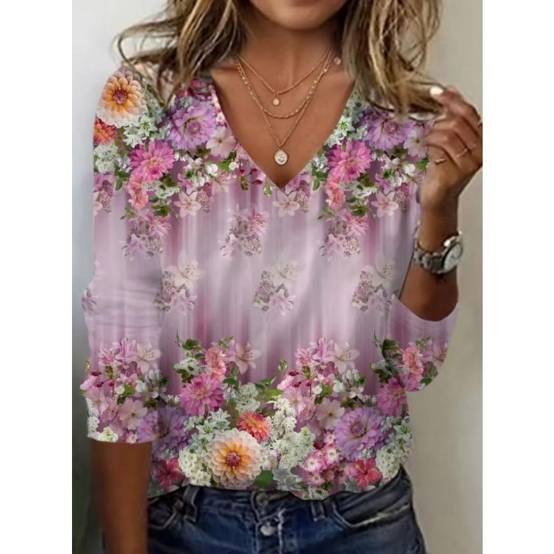 Vintage Women's T-Shirt Floral Graphic Plants Elegant Fashion Tee Long Sleeve T-shirts V-Neck Regular Tops Pullover Fall Winter