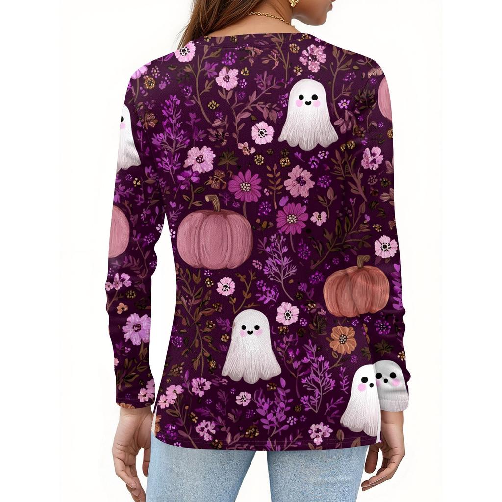 Women's Fashion Casual Halloween Printed Round Neck Long Sleeve Pullover Top