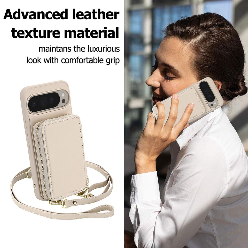 For Google Pixel 9 Pro XL Case RFID Blocking Zipper Wallet Leather + TPU Phone Cover with Shoulder Strap