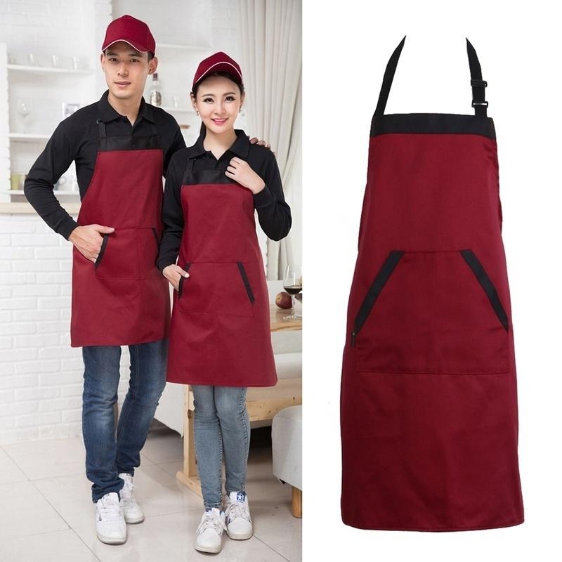 Schwarz Rot Unisex Koch Küche Catering Schürze mit 2 Taschen Einfarbig Polyester Wasserdichte Schürzen