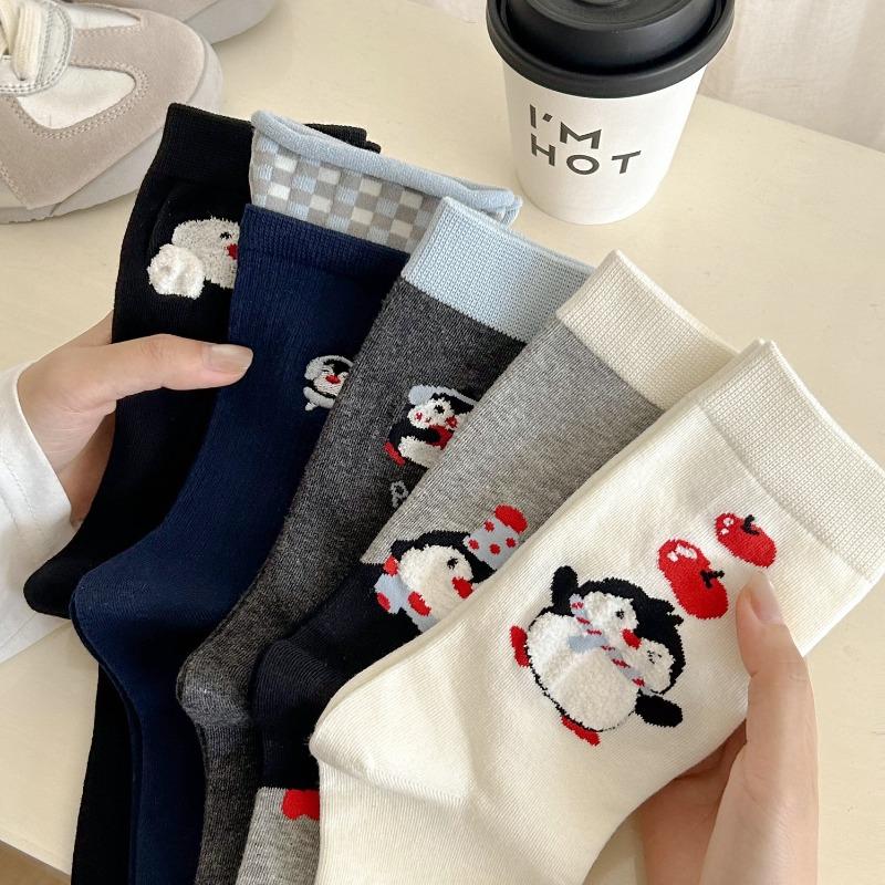 Niedliche Pinguin-Socken für Damen, Wadenlange Socken, Cartoon-Beflockte Tiere, Knochenlose Frottee-Baumwollsocken für Herbst und Winter