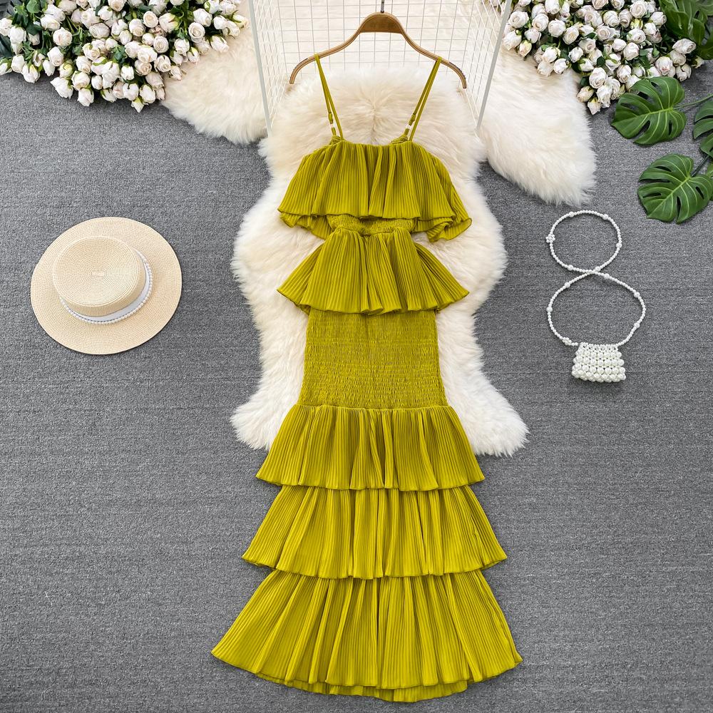 Women Hotsweet Chiffon Sundress Strap Cake Backless Sheath Bodycon Long Dress Vacation Retro Elastic Beach Dress
