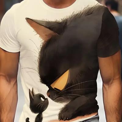Summer Men's T-shirt Animal Cute Cat Print Crew Neck Short Sleeve Tee Street Trend Tops Oversized Male Clothing T Shirt For Men