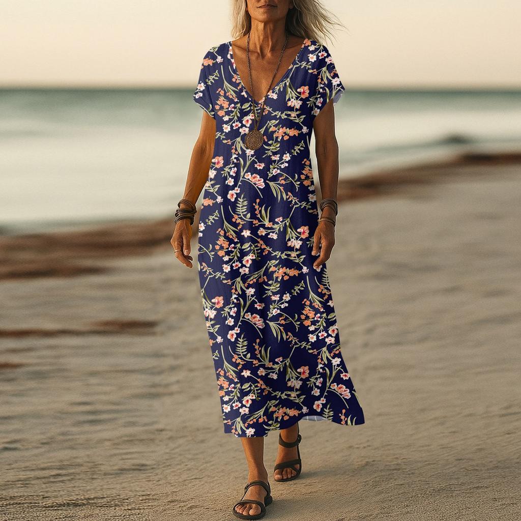 Sukienka letnia damska długa boho plażowa elegancka sukienka maxi dekolt V krótki rękaw letnia tunika lekka przewiewna