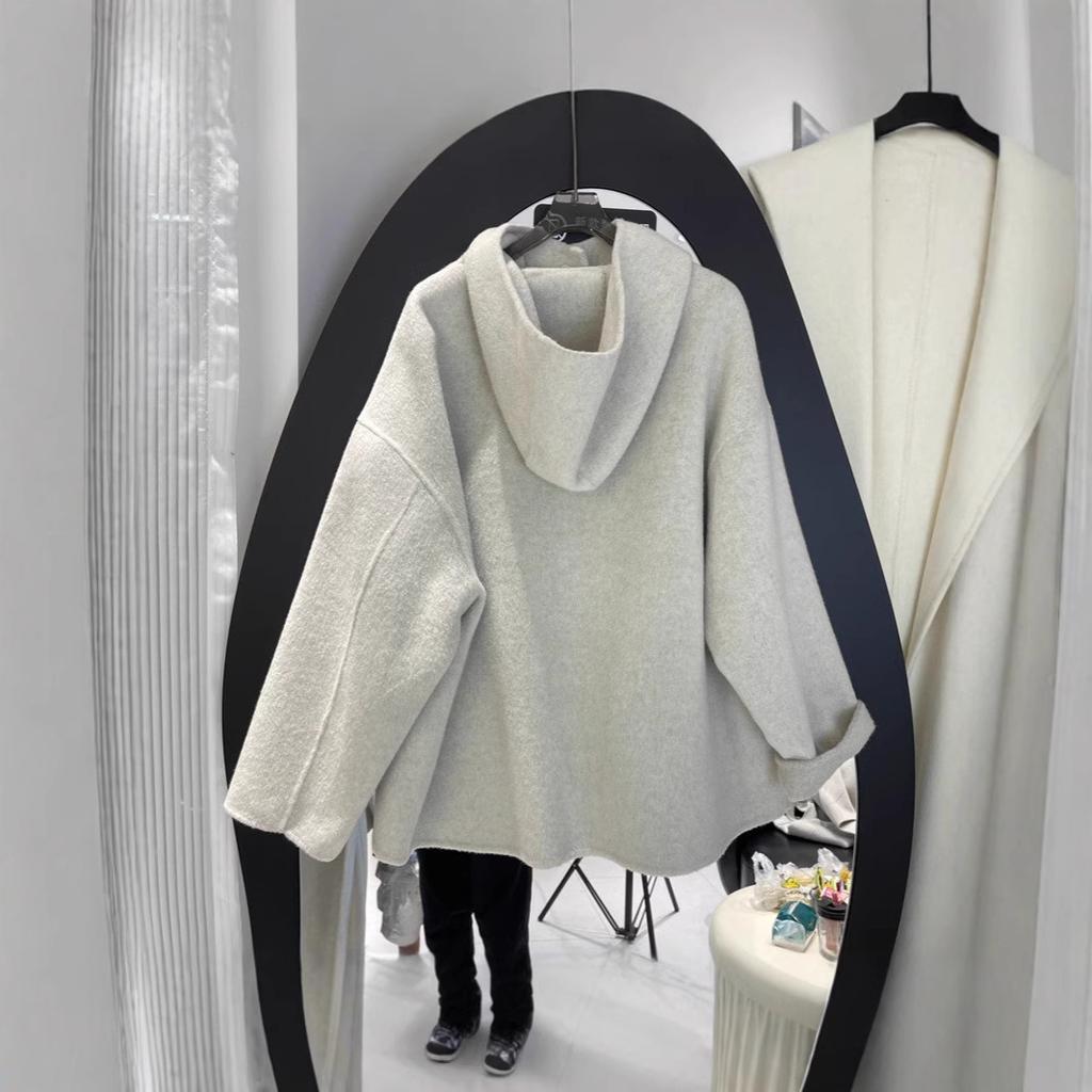 Hooded Double-sided Nylon Wool Coat Coat Women's Woolen Simple and Versatile Casual Commuter Loose Version Medium and Long