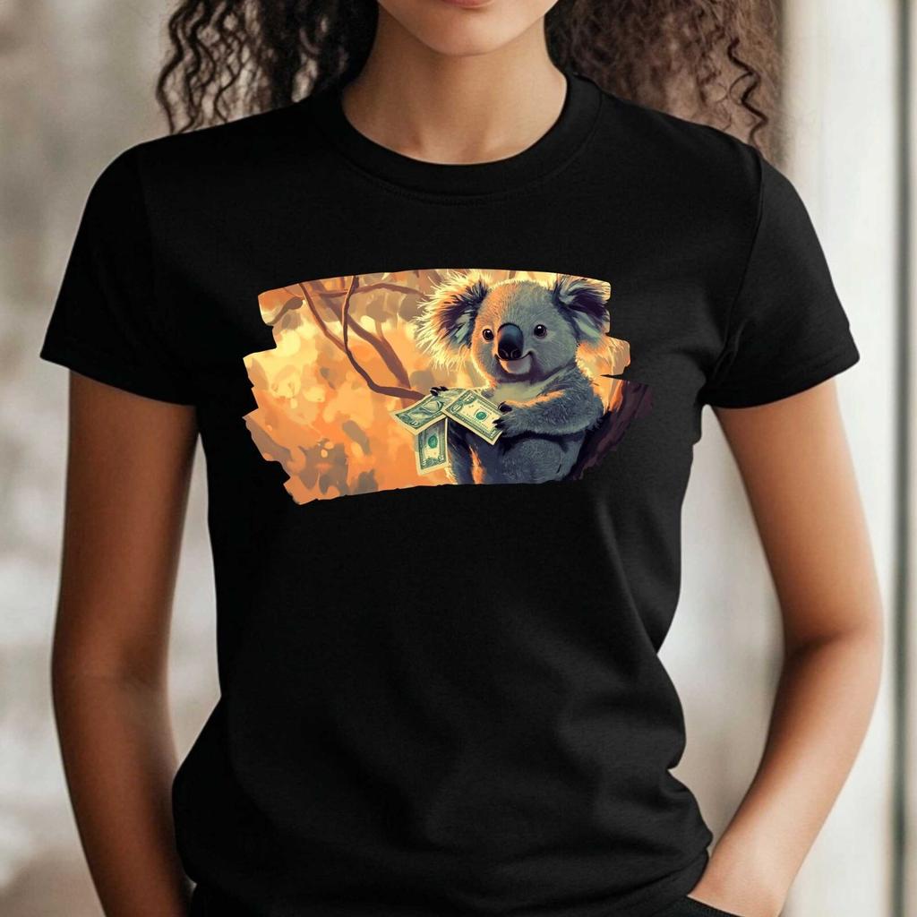 T-Shirt Frauen Lustiger Koala Klaut Geld Motiv Baumwolle Größe XS bis 3XLWird in neuem Fenster oder Tab geöffnet