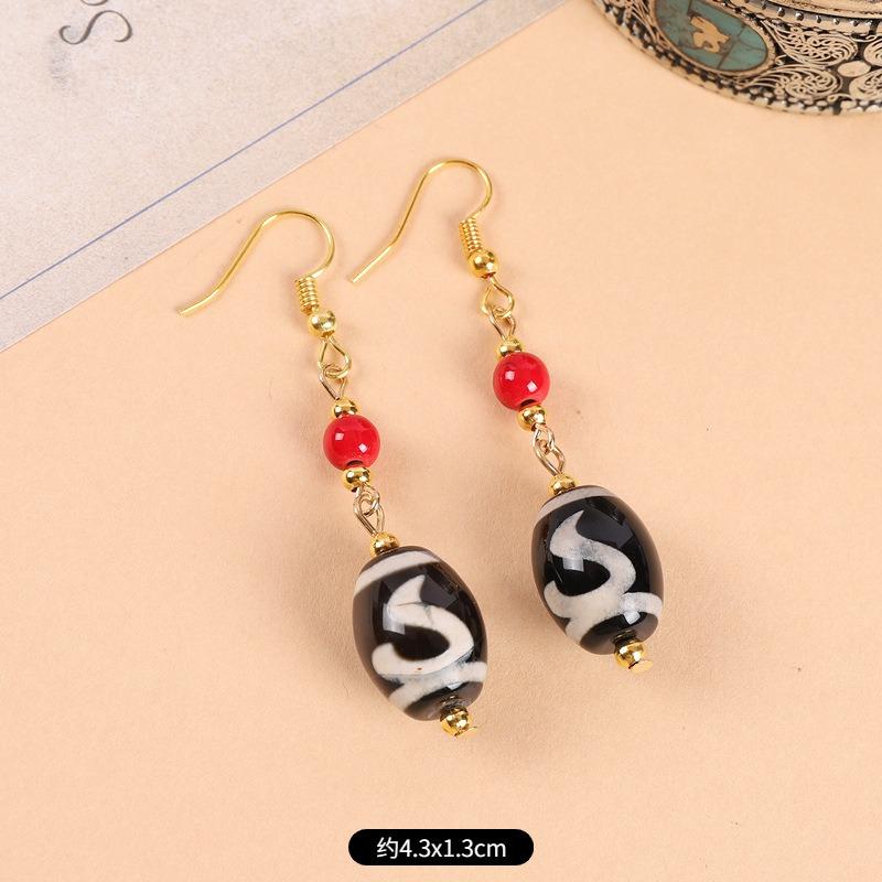 Original design Tibetan nine-eye dzi bead agate earrings retro literary tiger tooth earrings Chinese earrings women