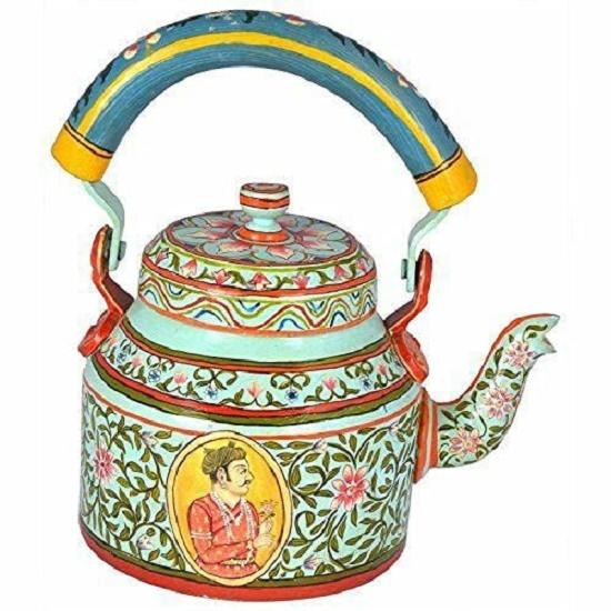 Traditional Handpainted Aluminum Kettle Tea Pot for Serving (Blue and White)