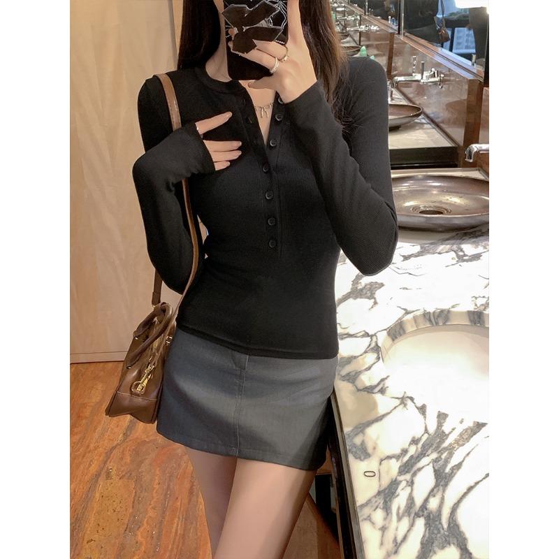 2025 New Spring and Autumn Long Sleeve Inner Women T-Shirt Tight Slim Fit Office Women's Bottom Shirt Basic solid color O Neck Skinny Button Top