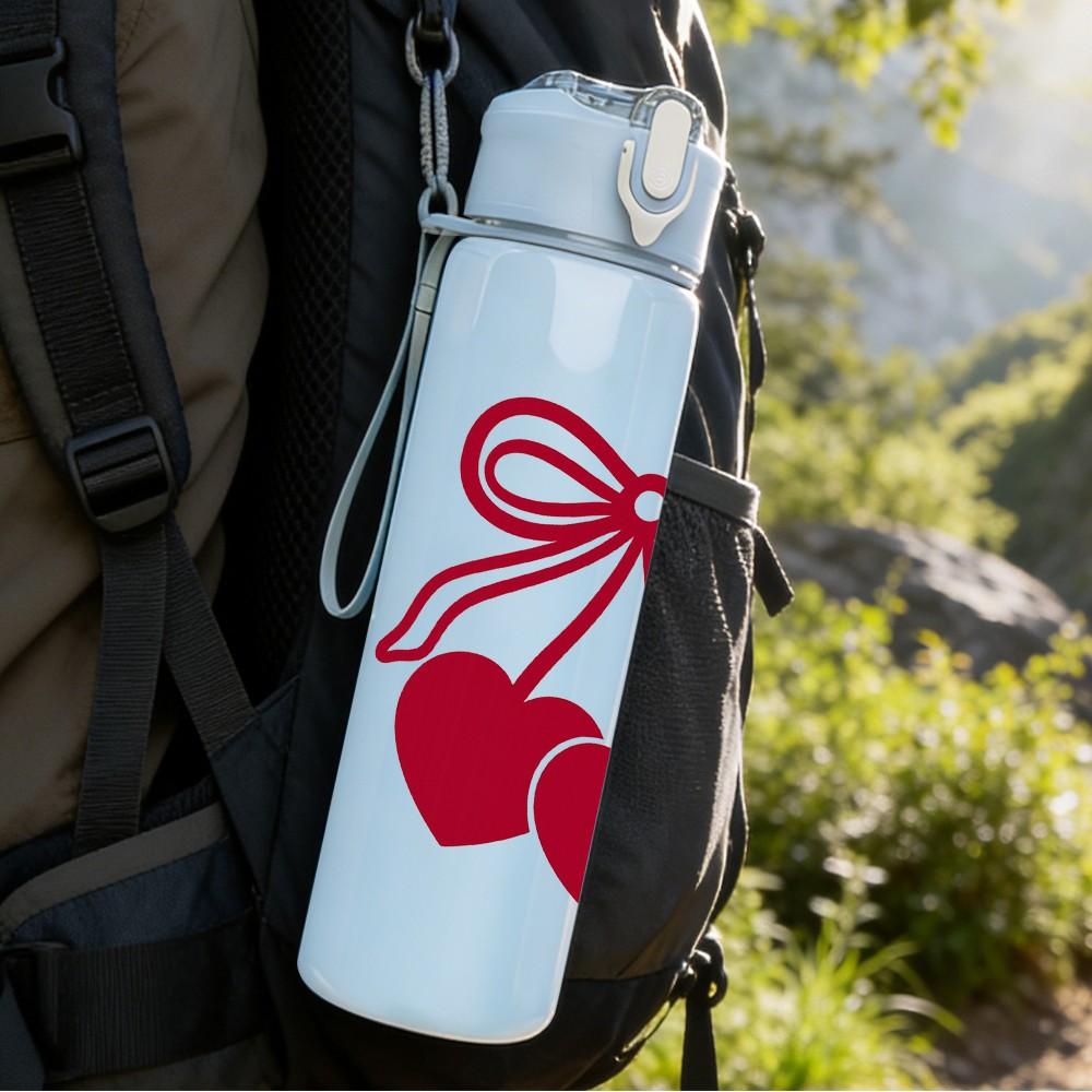1PC Twin Red Hearts Bow Line Art 750ml Color Plastic Sports Water Bottle Leakproof Flip Straw Lid Suitable for Sports Office Home Use