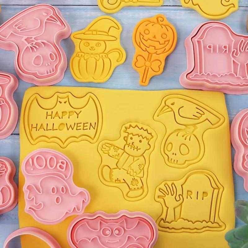 8pcs Halloween Cookie Mold Set - Cartoon Cutters Pressable Biscuit Mold Confectionery Stamp Essential Baking Pastry Tools
