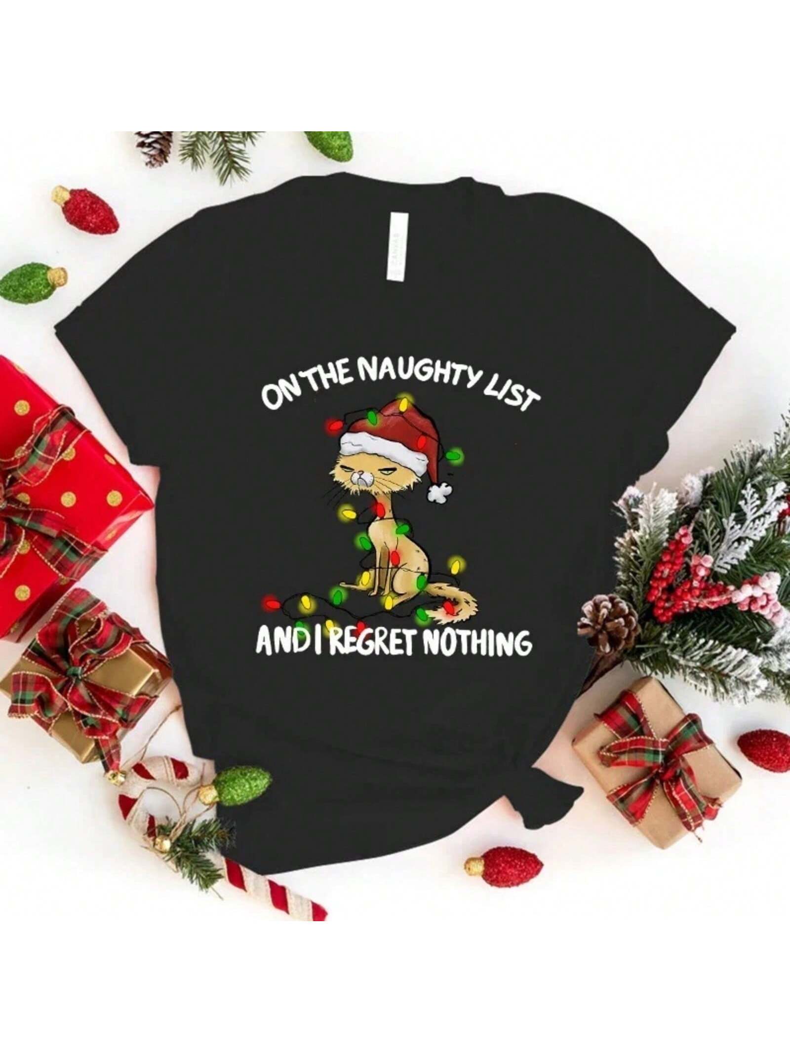 Hot Christmas Cat On The Naughty List And I Regret Nothing Graphic Short Sleeve T-Shirts For Wounisex unisex Shirts Loose T-Shirt S разноцветный