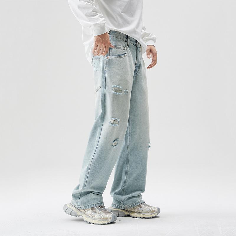 Autumn American High Street Ripped Loose Jeans Men's Trendy Brand Light-colored Straight-leg Pants