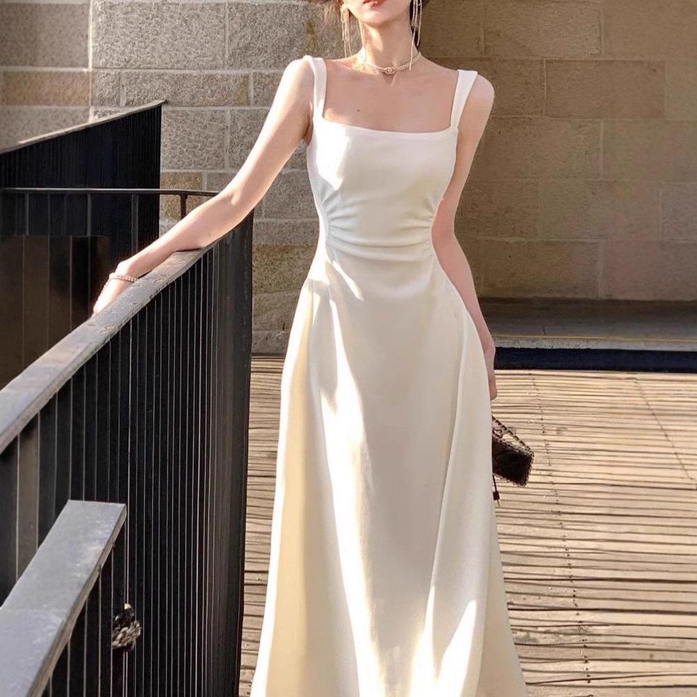 Women's Solid Color Waist-Cinching Short-Sleeved Dress for Summer Graduation, Engagement Party, and Everyday Wear