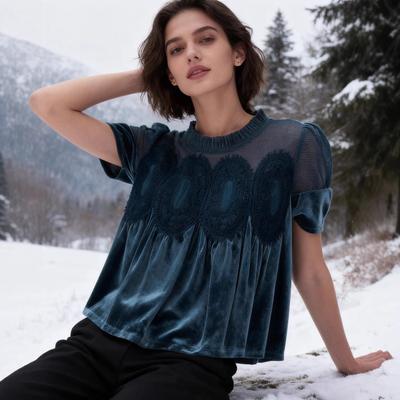 Fashion Net Mesh Embroidered Lace Round-neck Pullover Pure Velvet Loose Top