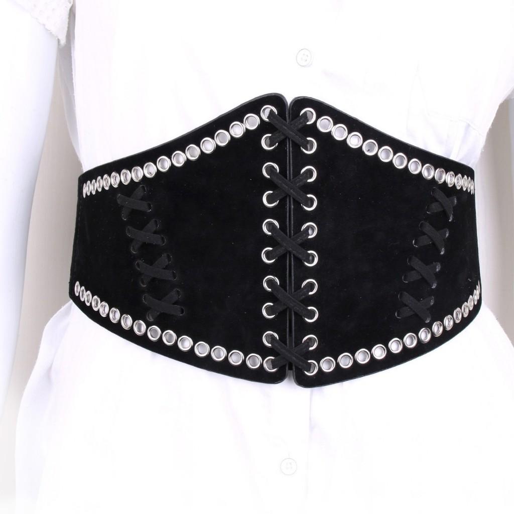 Elegant Wide Waist Belt For Women With Snap Closure And Net Design In Black