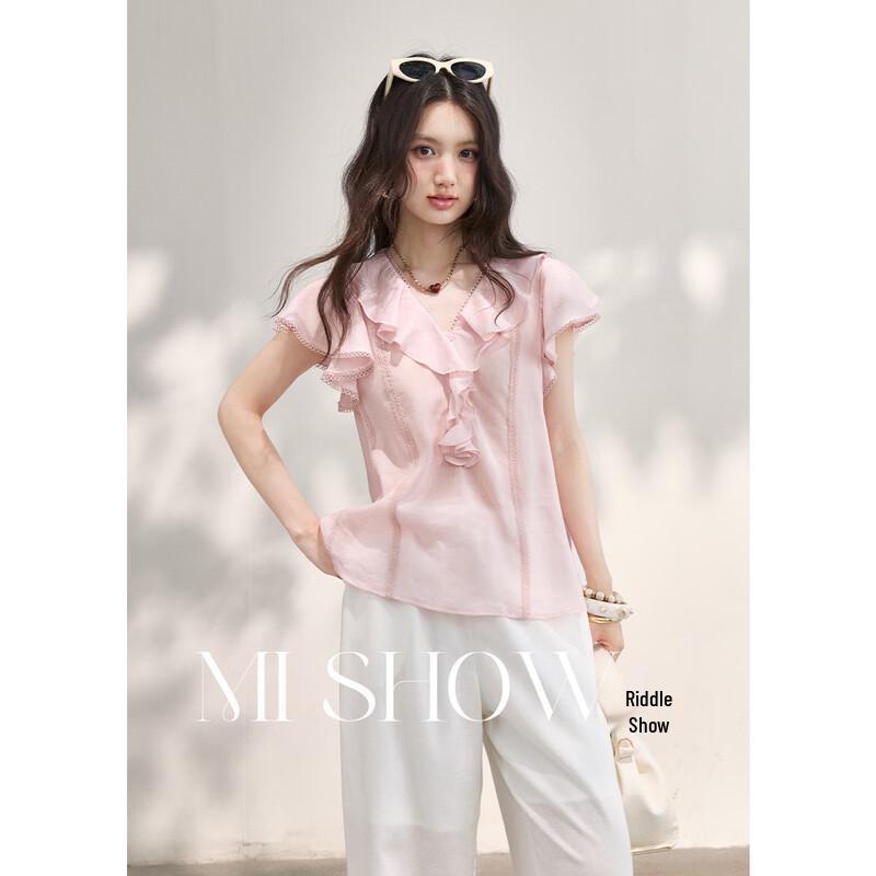 Women s Ruffle V-Neck Puff Sleeve Blouse L