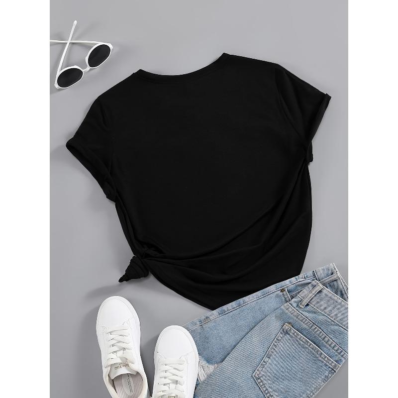 European size Women's Casual Loose Fit Short Sleeve T-Shirt - 100%  Geometric Letter Print Round Neck Top for Spring Summer