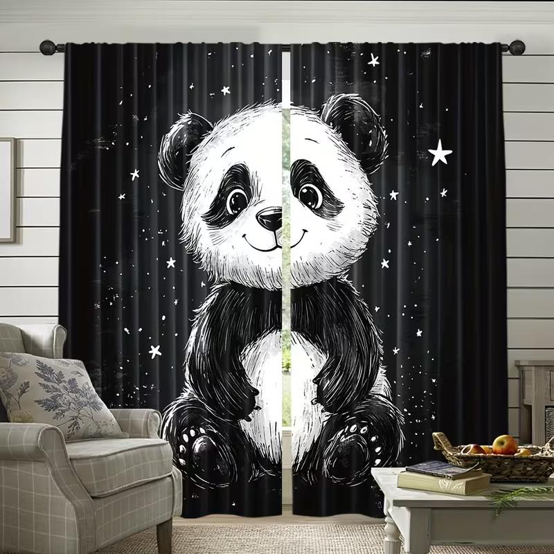 2PC Black & White Panda Curtains - Cute Cartoon Starry Print Window Drapes for Kids Bedroom Nursery Decor