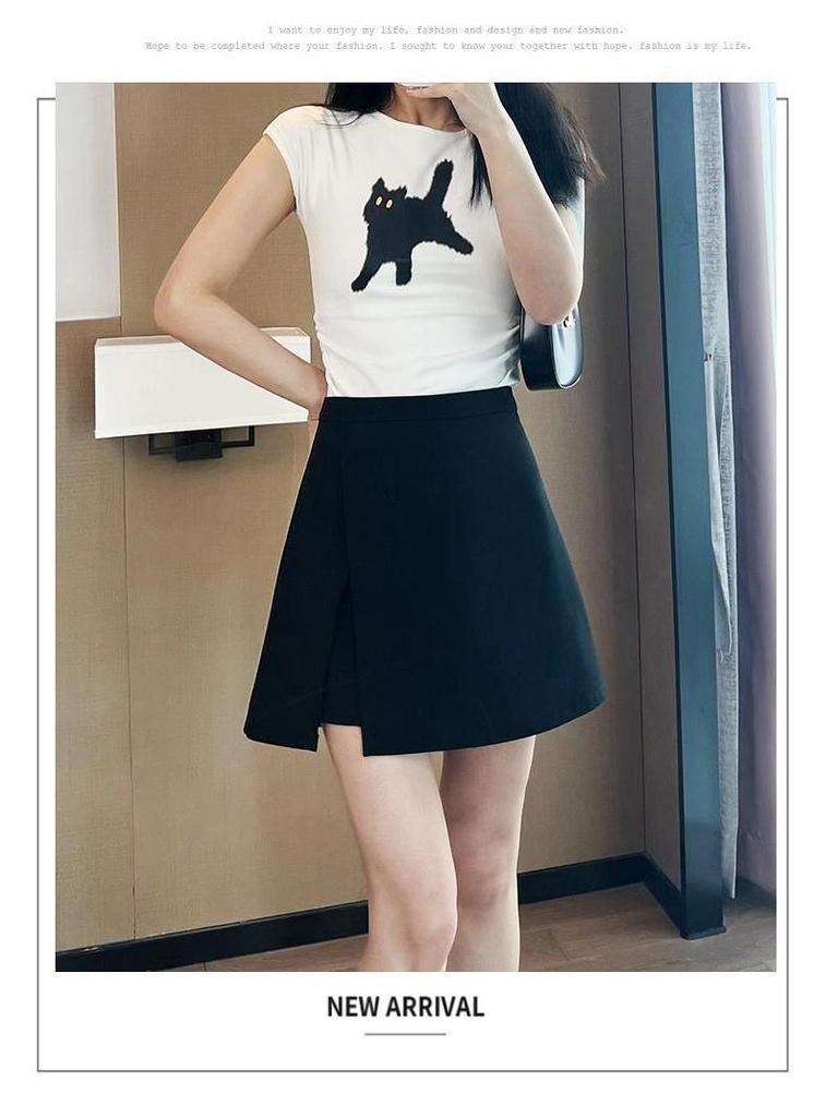 Kadınlar İçin 2024 Siyah Yüksek Bel A Kesim Etek Açık Bacak Yırtmaçlı