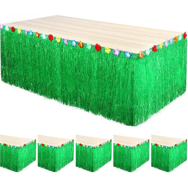 6 штук Зеленая юбка для стола в стиле луау 9 футов x 29 дюймов Гавайская юбка для стола в стиле луау Юбка с бахромой из рафии Гавайские тропические принадлежности для вечеринки Тропические