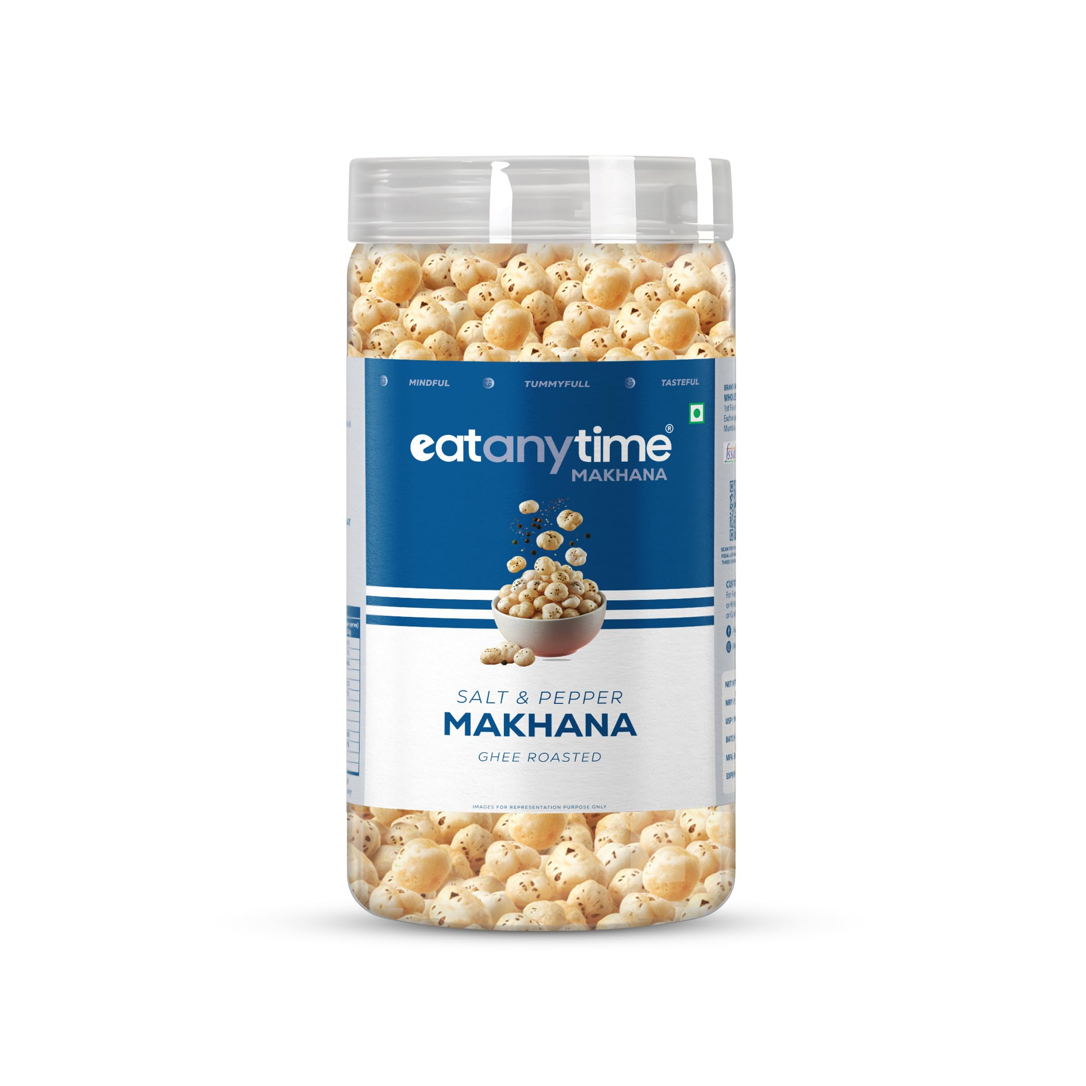 Eat Anytime Roasted Makhana - Salt & Pepper | Roasted in A2 Ghee | High in Protein, Fiber, Antioxidants | Healthy Fox Nuts Snack | Gluten F