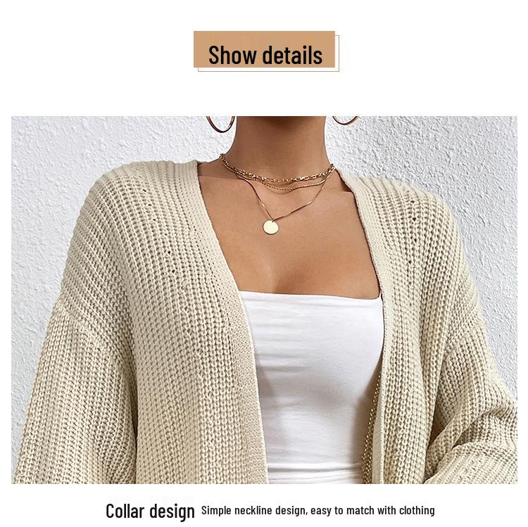 2025 Autumn/Winter Loose V-Neck Mid-Length Knit Cardigan - Solid Color