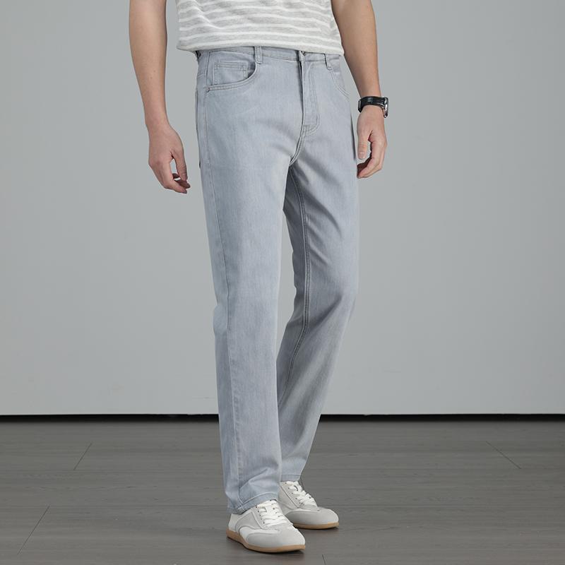 Mulberry silk cotton elastic jeans for men's summer thin design 2026 new youth versatile commuting wear-resistant washed casual pants