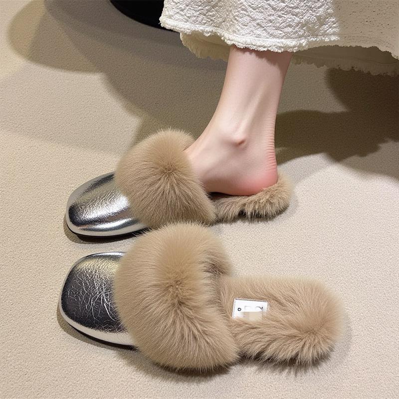 

Korean version of flat-bottomed fluffy slippers, worn outside, velvet in autumn and winter to keep warm, lazy people pedal a bag head cotton mop 40 срібний
