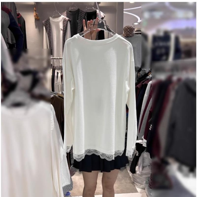 

Зимняя корейская футболка с круглым вырезом и бархатом, свободная белая, кружевная рубашка XL