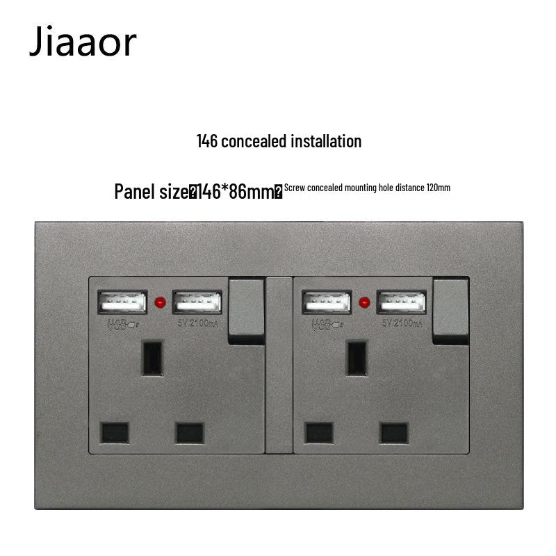 Grey British Standard Double Gang Switch Socket with USB & Type C - Hong Kong/Macau Compatible, Concealed 86 Type