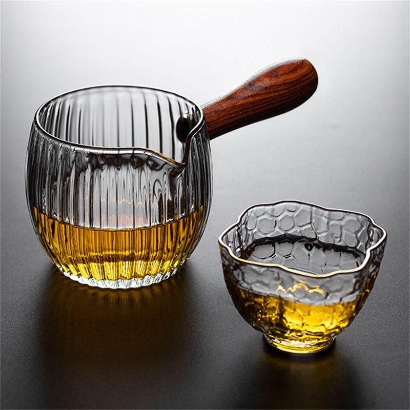 Japanese Side Wooden Handle High Borosilicate Stripe Glass Tea Dispenser Fair Cup Chahai Kung Fu Tea Ceremony Tea Set