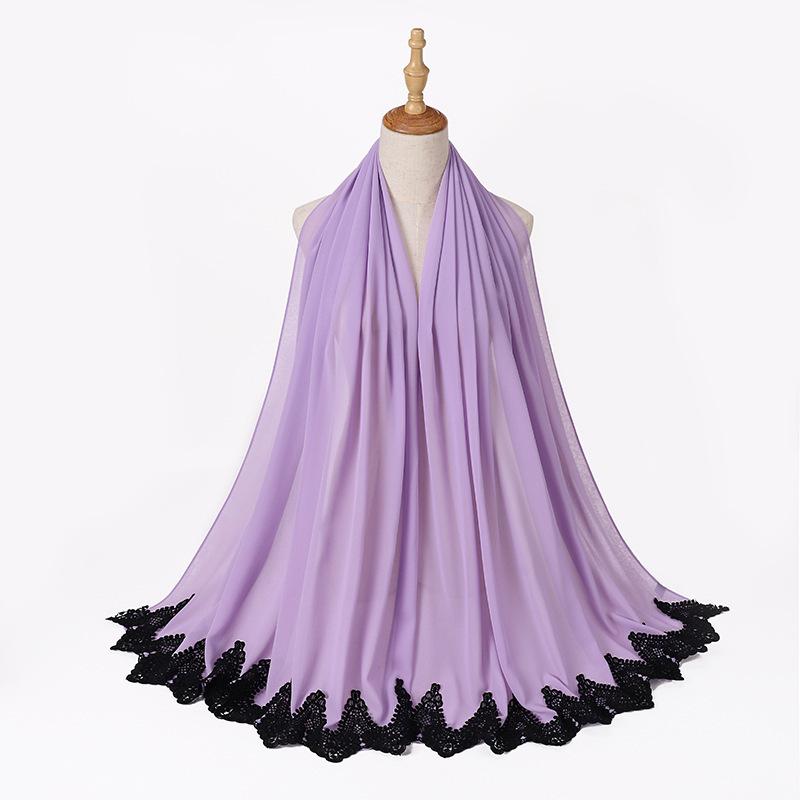 New Pearl Chiffon Malaysia Fashion Black Lace Scarves Muslim Shawl Plain Soft Turban Head Wraps Headband