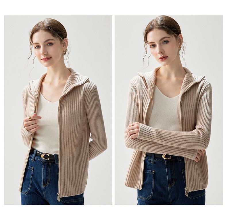 Women's Elegant Striped Cashmere Hooded Cardigan - Double Zipper Slim Fit (2026 Autumn/Winter)