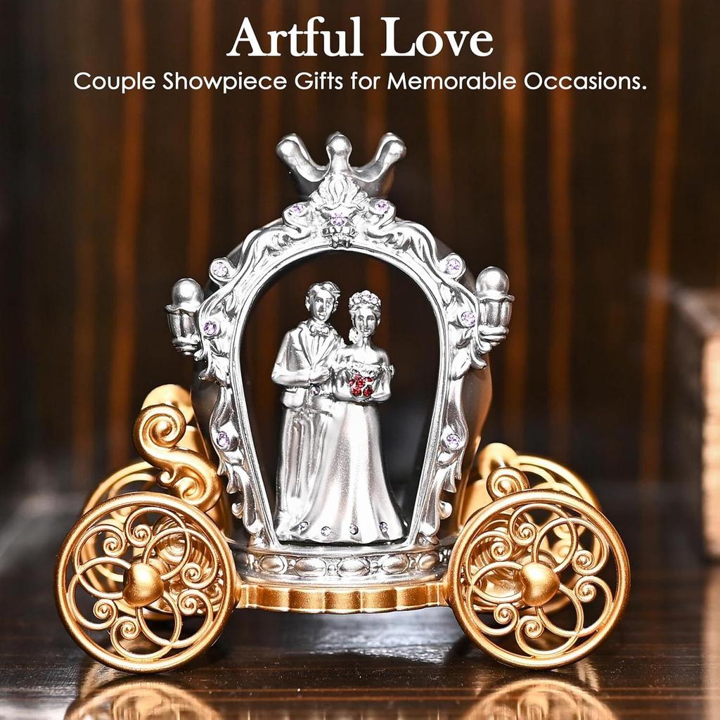 Figurine with Cart – Exquisite Gold & Silver Finish Statue, Perfect for Engagement, Wedding, Adding a Touch of Elegance and Love to Your Home Decor