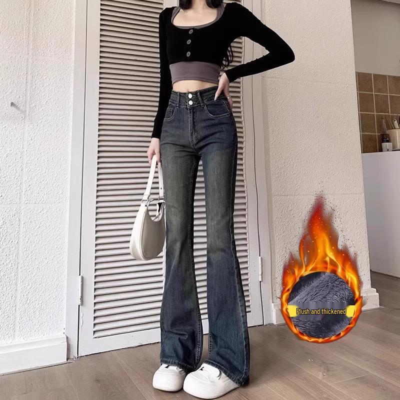 Petite Cement Gray Micro-Flare Jeans for Women - High Waist, Fleece-Lined Retro Trousers for Autumn/Winter.