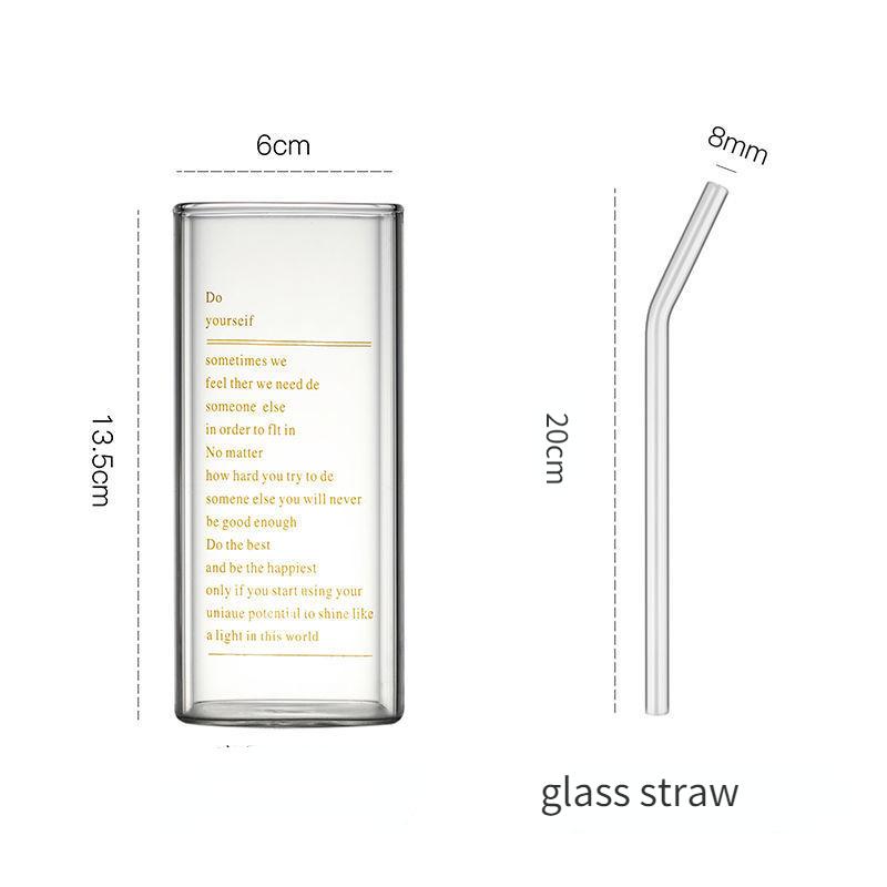 Quadratische Kaffeetasse aus Glas, bedruckt, transparent, hitzebeständig, große Kapazität, hoher Strohhalm, Trinkgeschirr für Mousse, Wein, Wasser, Saft, Milch