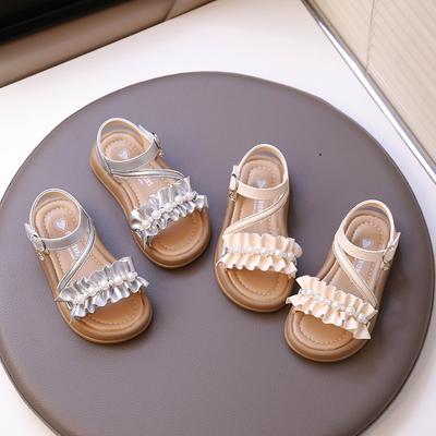 Kids Beach Shoes Open Toes Sweet Folds Children Princess Shoes Beading Elegant 2025 Summer New Girls Sandals Hook&loop