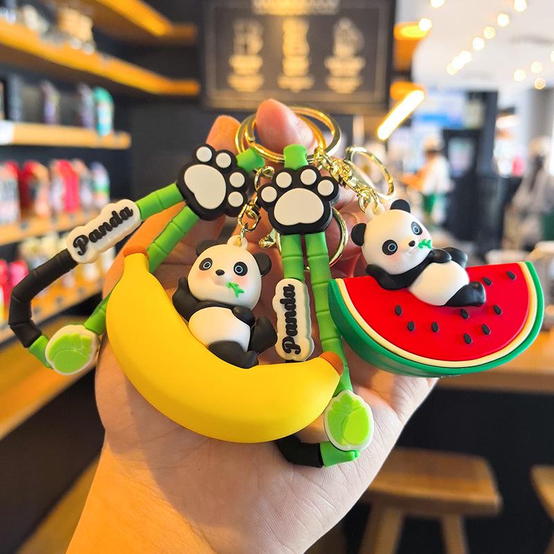 Fruit Panda Keychain Banana Strawberry Peach Watermelon Cute Cartoon Couple Doll Machine Student Gift Y2k Fashion Toys Anime