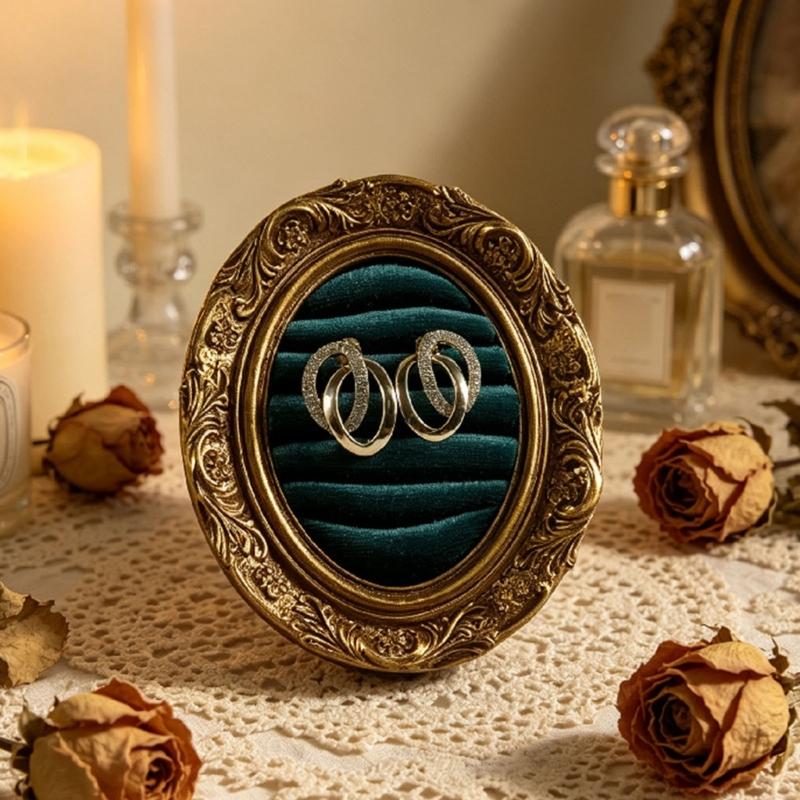 Ring Display Tray with Multiple Horizontal Slots, Ornate Oval Scrollwork Frame and Flat Base for Tabletop Presentation