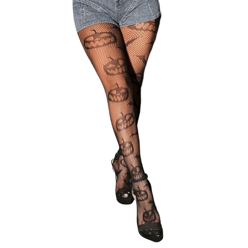 Elastic Nylon Fishnet Tights with Fun Pumpkin Bat Pattern for Women Halloween Cosplay Party Mesh Pantyhose Stockings