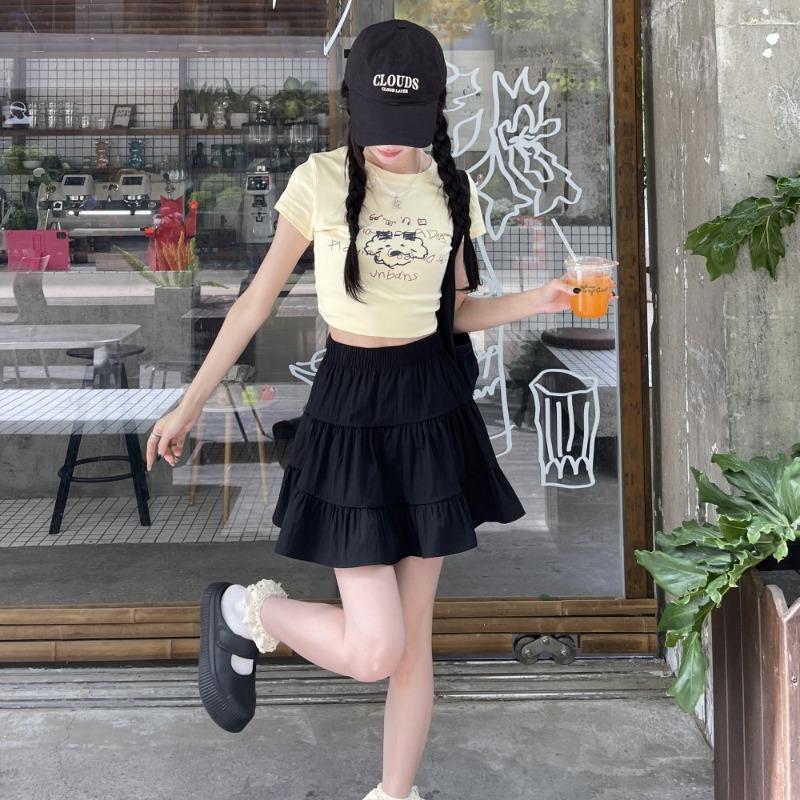 Blue High-waisted Skirt Women's Character Anti-light Spring and Summer Academy Style Simple Pleated Casual Cake Short Skirt