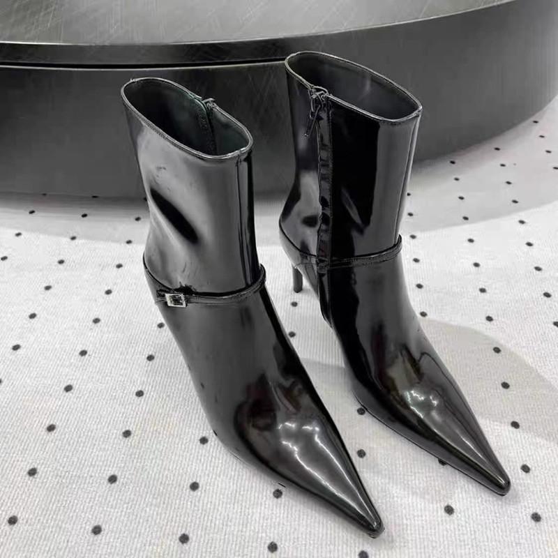 Fashion Autumn Winter Fashion Patent Leather Strap Buckle Women Ankle Boots Elegant Pointed Toe Stiletto High Heels Chelsea Boots Shoes